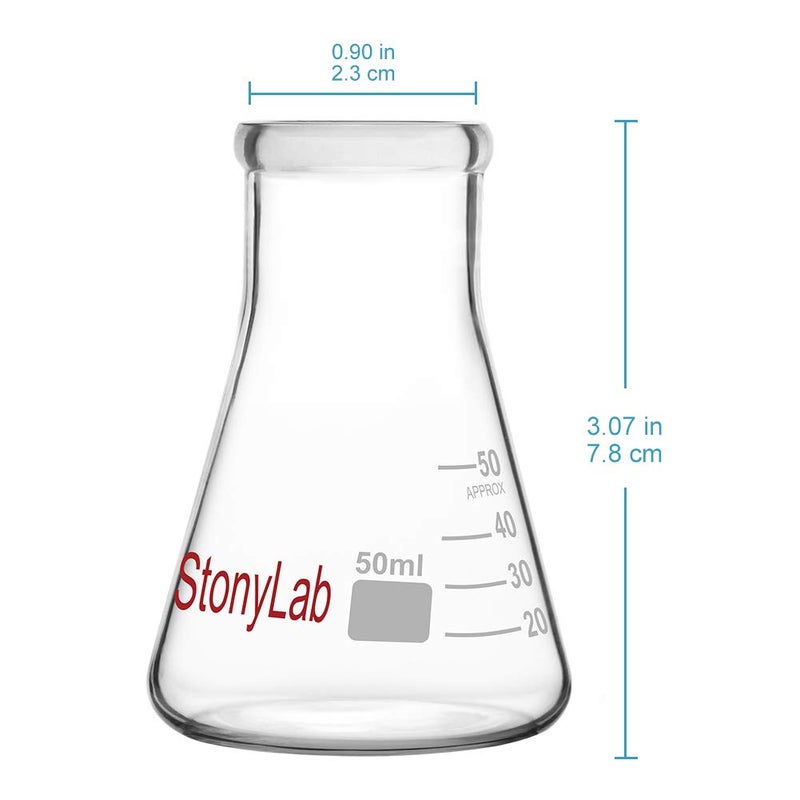 stonylab 1-Pack Glass 50 ml Heavy Wall Narrow Mouth Erlenmeyer Flasks with Heavy Duty Rim - (50ml Fits with 4# Rubber Stopper) - Image 2